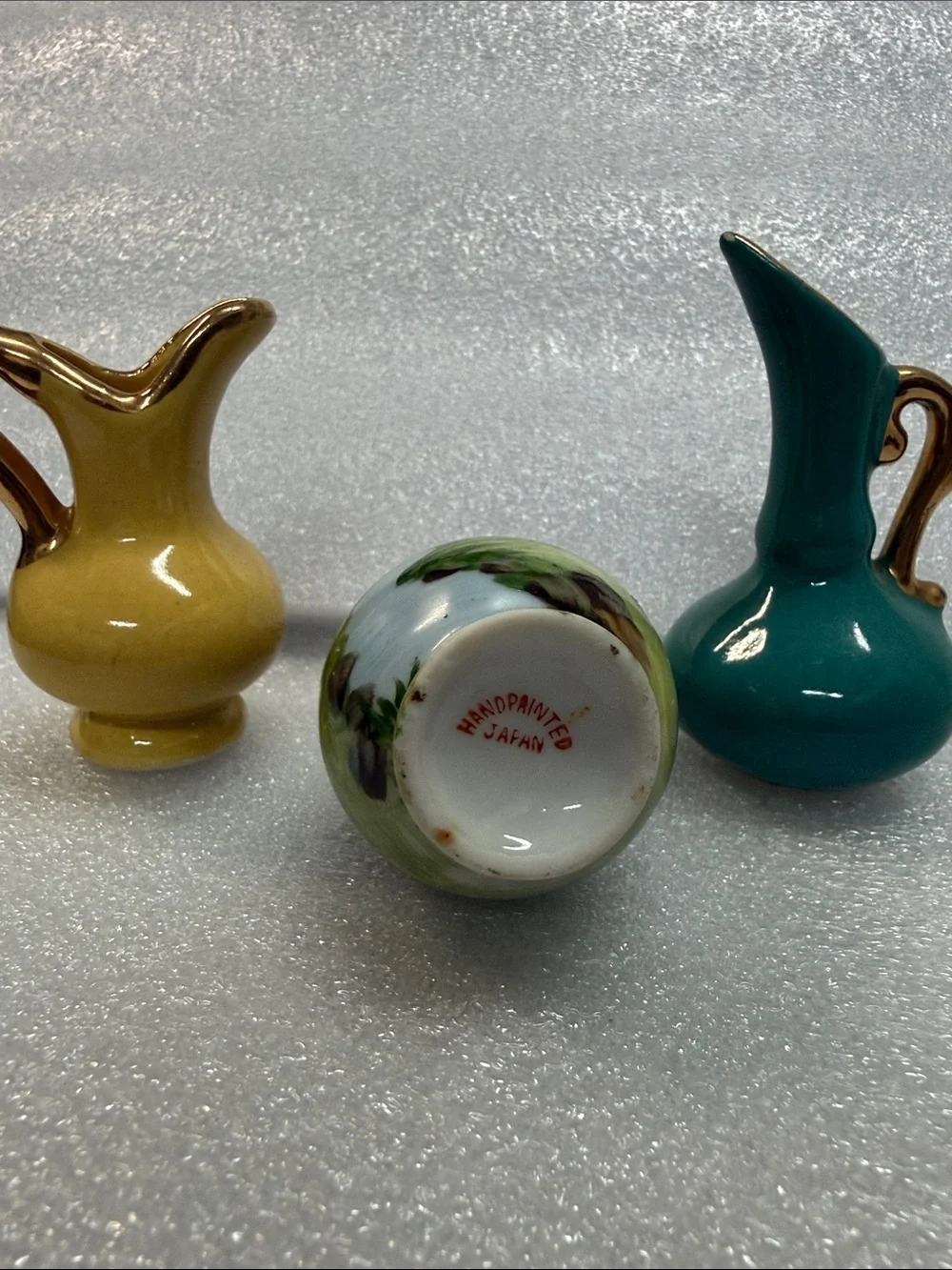 Set of 3 Miniature Porcelain Pitchers Gold Trim Landscape Vase Decor